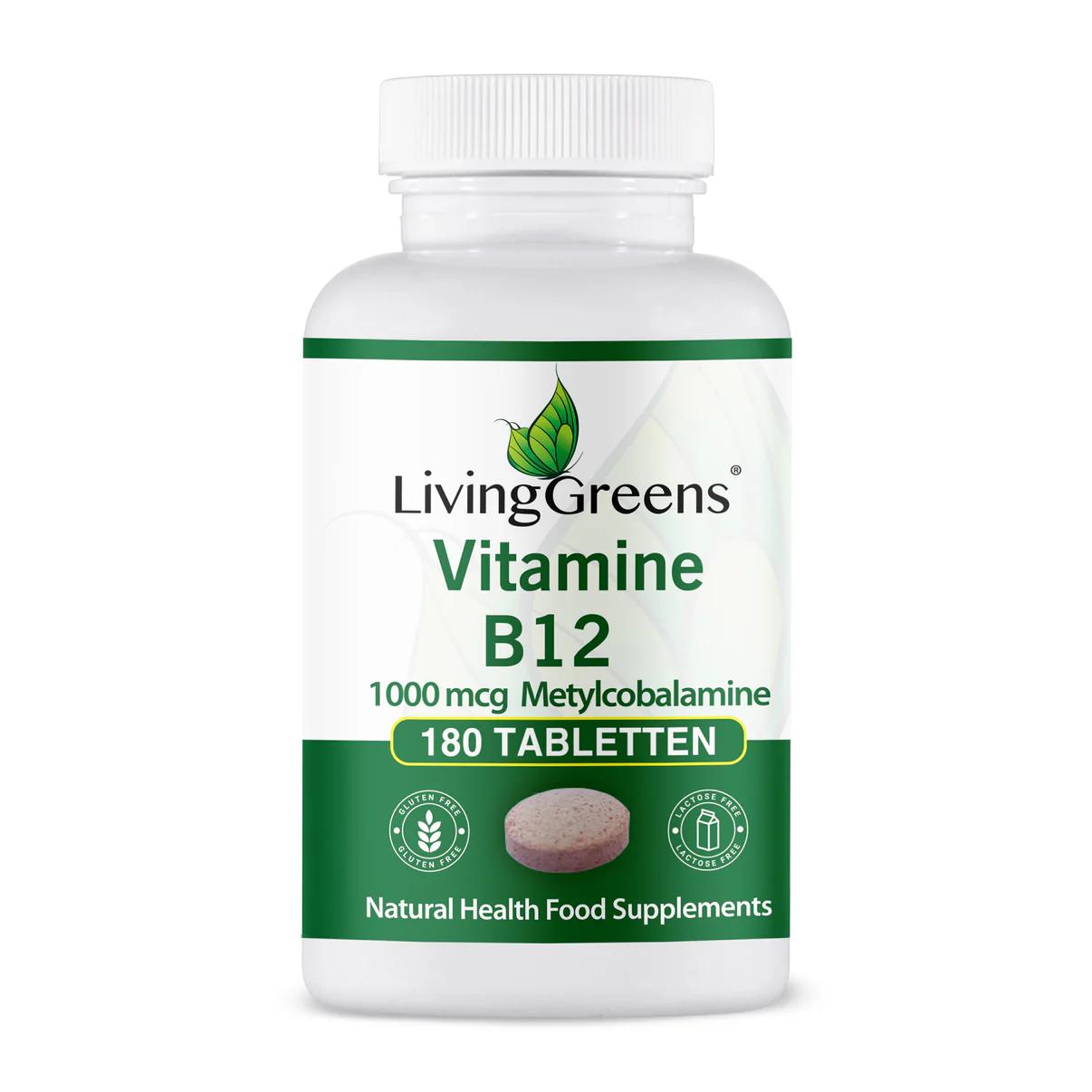 Livinggreens Vitamin B12 methylcobalamin 1000mcg tablets, dietary supplement in bottle with 100 tablets, close-up of packaging