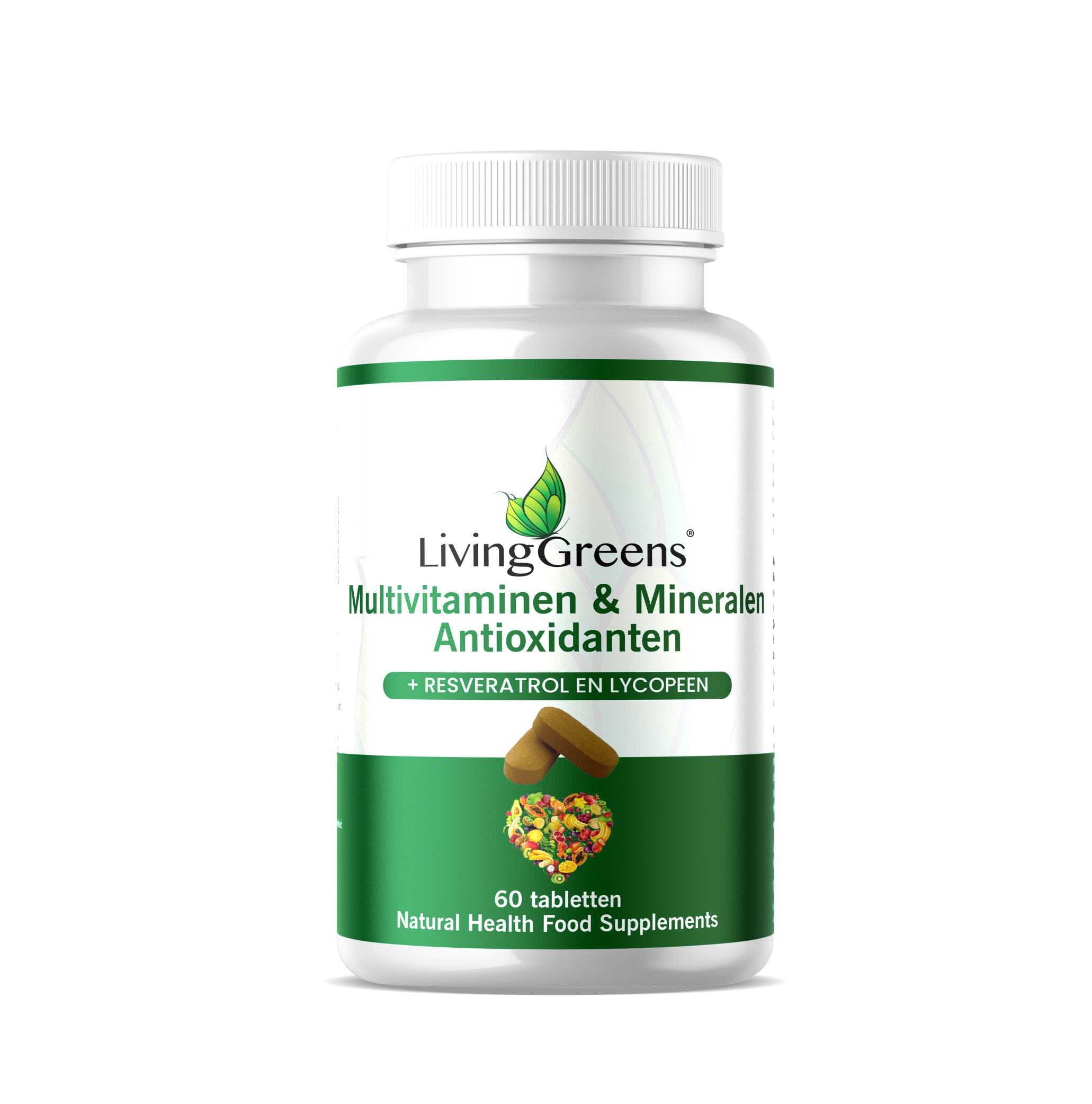 Livinggreens Multi Vitamin and Mineral Antioxidants in a bottle of 60 tablets, dietary supplement for daily health support.