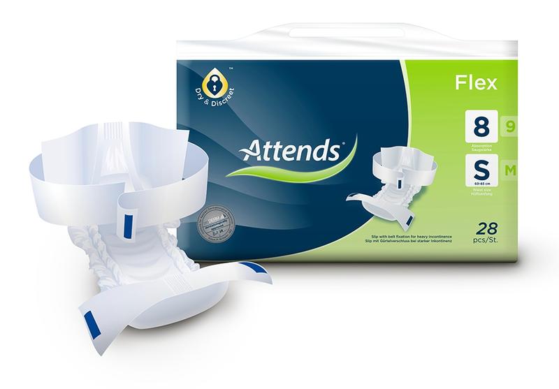 Attends Flex incontinence pads size S, 28 pack, with absorbent core and flexible design for comfort and leak protection.