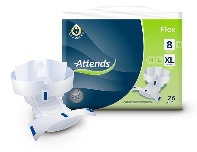 Attends Flex XL incontinent pads, 26 pack, showing absorbent incontinence pads with blue and white packaging.