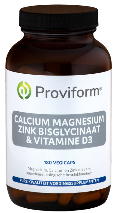 Proviform Calcium, Magnesium, Zinc bisglycinate and D3 vegetarian capsules, mineral supplement in a white bottle.