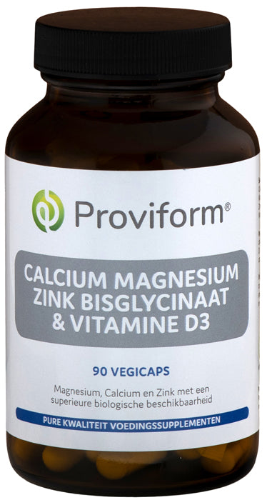 Proviform Calcium magnesium zinc bisglycinate and D3 vegetarian capsules, mineral supplement bottle with capsules visible.