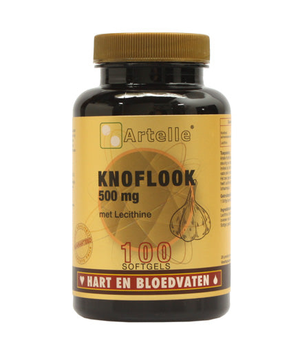 Artelle Knoflook 500mg + 250mg lecithine softgels in a bottle, herbal supplement for health support.