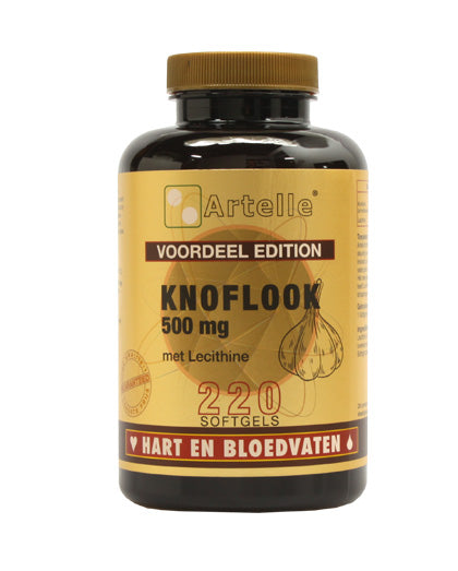 Artelle Knoflook 500mg + 250mg lecithine softgels in a bottle, herbal supplement for health support, shown in the image.