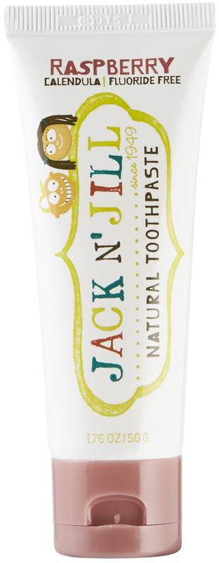 Jack N Jill natural raspberry toothpaste in 50g tube, featuring a colorful packaging and a close-up of the product.