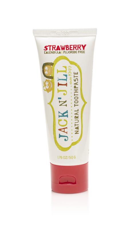 Jack N Jill Natural strawberry toothpaste in a 50g tube, featuring bright packaging and a strawberry flavor for kids.