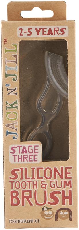 Jack N Jill silicone tooth and gum brush for children, shown with colorful bristles and ergonomic handle.