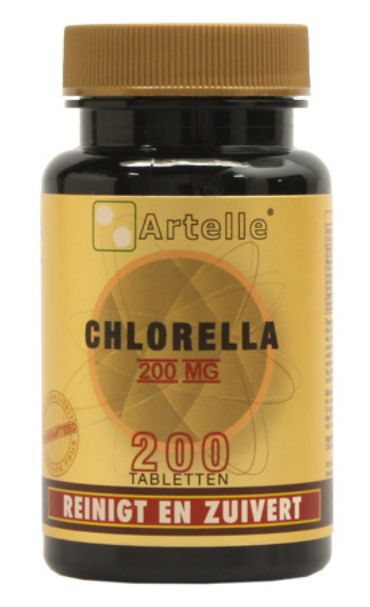 Artelle Chlorella 200mg herbal supplement tablets in a bottle, showing green tablets and label with product details.
