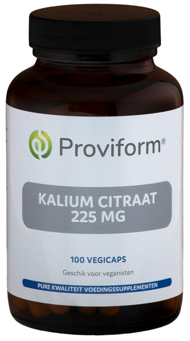 Proviform Kalium Citraat 225mg vegetarian capsules, mineral supplement in a white bottle with label and capsules visible.