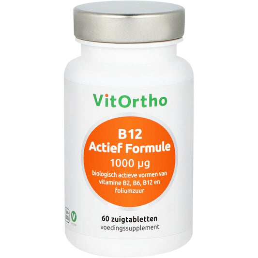 VitOrtho B12 Actief 1000 mcg vitamine zuigtabletten, natural supplement in blister pack, vitamin B12 supplement for energy support