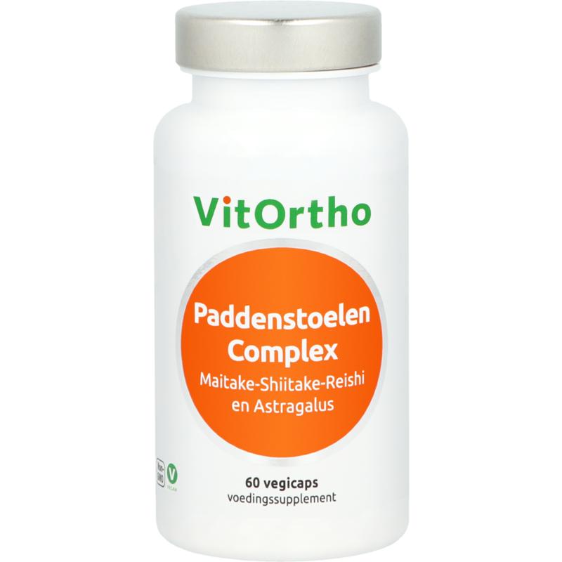 VitOrtho Paddenstoelen complex vegetarian capsules, herbal supplement with mushroom extracts, in a clear plastic bottle.