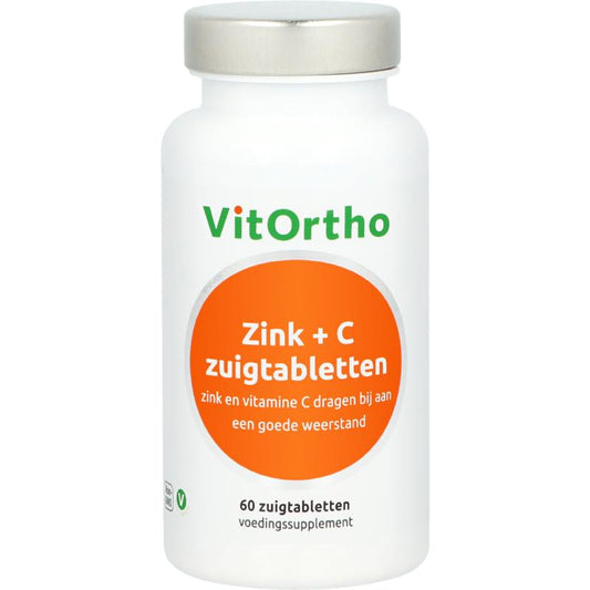 VitOrtho Zink + C mineral multivitamin lozenges in a blister pack, featuring zinc and vitamin C for immune support.