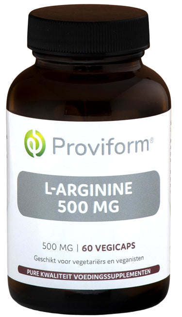 Proviform L-Arginine 500mg vegetarian capsules, amino acids supplement, close-up of the product bottle and capsules.