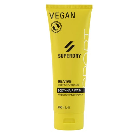 Superdry Sport RE:vive body and hair wash 250ml bottle, natural ingredients, stylish packaging for body and hair cleansing.