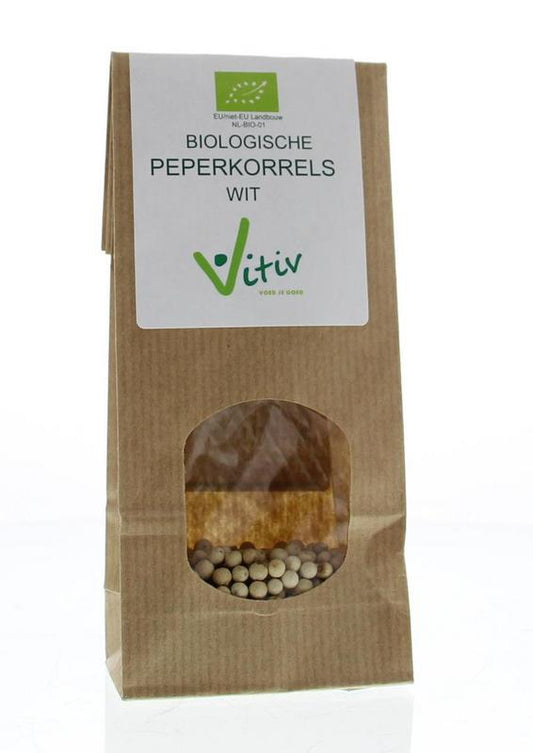 Vitiv organic white peppercorns in a 40g package, natural spice for cooking and seasoning.
