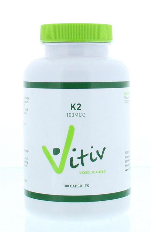 Vitiv Vitamine K2 100mcg supplement in a bottle of 100 capsules, showing the product packaging and capsules.