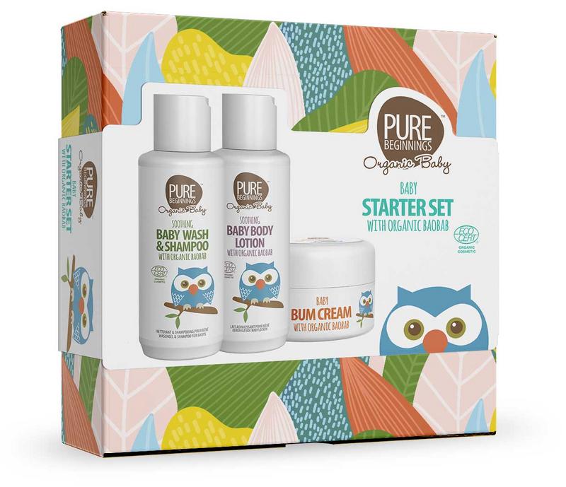 Pure Beginnings baby gift set with gentle skincare products for infants and toddlers, displayed in a coordinated package.