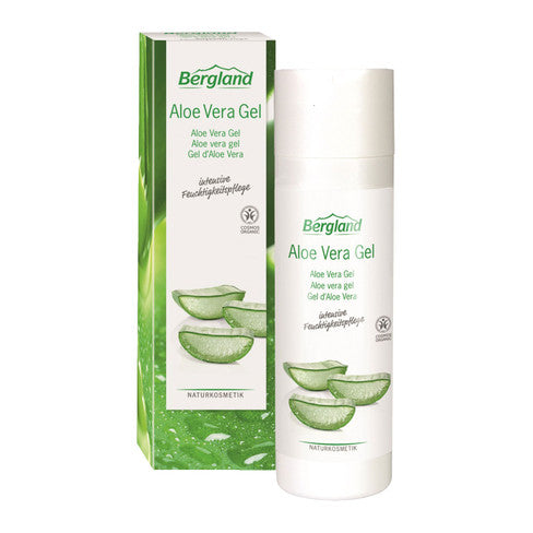 Bergland Aloe Vera Gel 200ml, natural body care product with clear gel texture and fresh aloe vera plant in background
