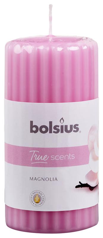 Bolsius True Scents magnolia scented pillar candle 120/58 in white, showing the candle's smooth surface and size for home decor.