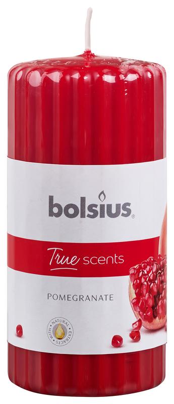 Bolsius True Scents pomegranate scented candle, stompkaars style, with a white wax appearance and decorative flame on top.