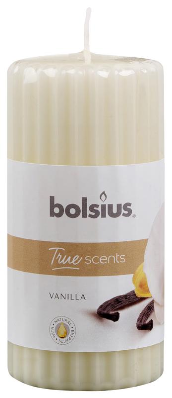Bolsius True Scents vanilla scented pillar candle 120/58, showing the white candle with vanilla fragrance label.