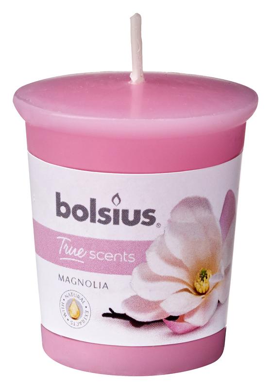 Bolsius True Scents votive candle in magnolia scent, round shape, 53/45 mm, single candle for ambiance and fragrance.