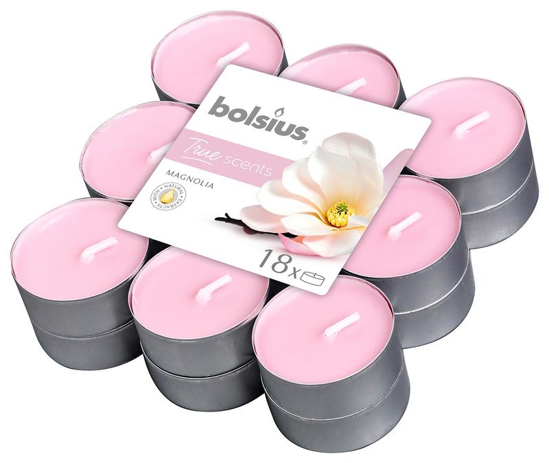 Set of 18 Bolsius True Scents Magnolia candles, scented wax candles in a natural, elegant design for home decor and ambiance.