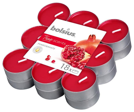 Bolsius True Scents pomegranate candles in a pack of 18, decorative wax candles for home ambiance.