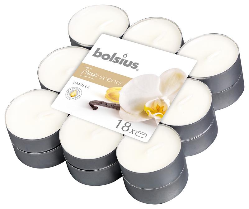 Bolsius True Scents vanilla candles, set of 18, featuring elegant candle design and warm vanilla scent in a box.