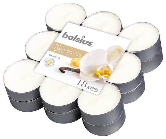 Bolsius True Scents vanilla candles, set of 18, featuring elegant candle design and warm vanilla scent in a box.