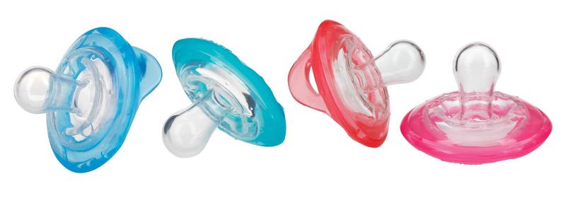 Nuby Natural Flex cherry pacifier for babies 6-36 months in green and blue, showing soft silicone nipple and colorful design.