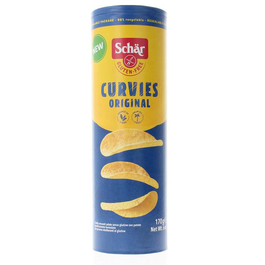 Schar Curvies glutenvrije chips en zoutjes in 170g package, golden crispy snack with curved shape and salted flavor.