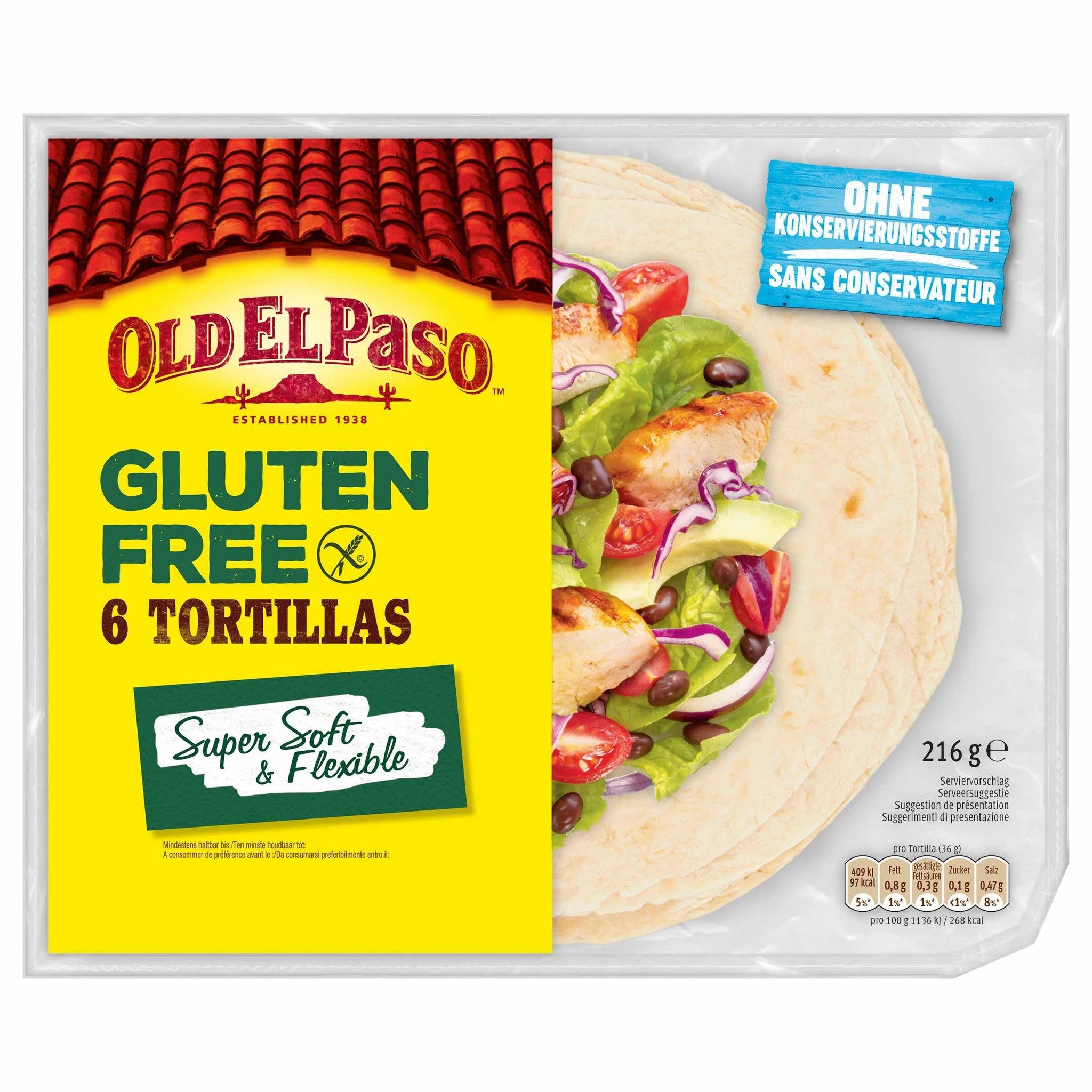 Old El Paso gluten-free tortillas, 6 pieces, 216 grams, with chips and salt, displayed on a clean surface.