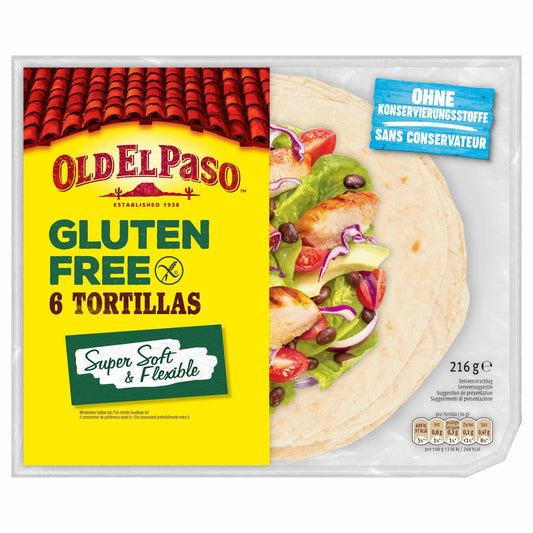 Old El Paso gluten-free tortillas, 6 pieces, 216 grams, with chips and salt, displayed on a clean surface.