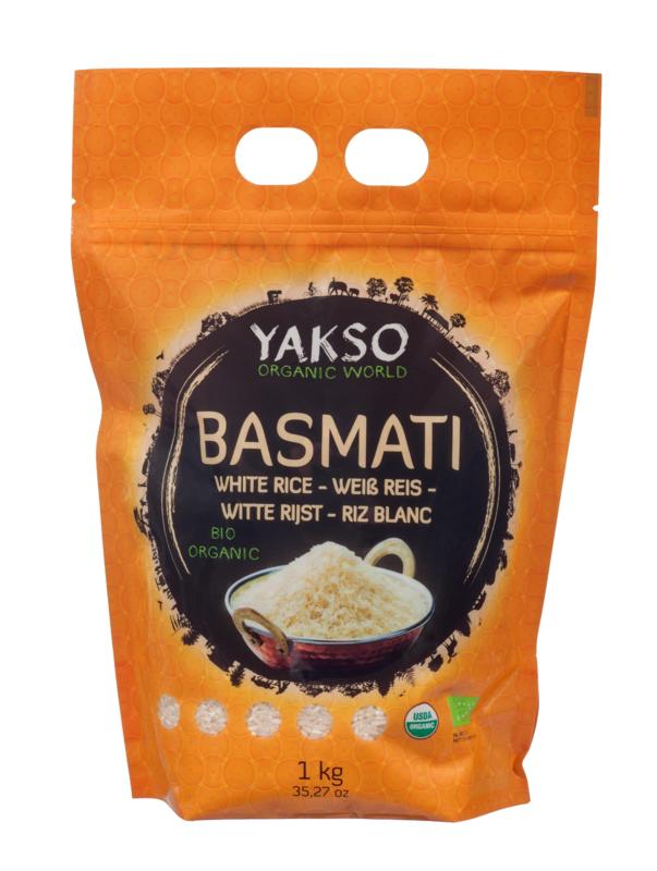 Yakso Basmati rijst bio, 1 kg, white organic pasta and rice product, featuring a close-up of the rice grains on the package.