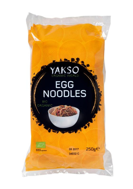 Organic Yakso Eiermie pasta and rice product in 250g package, featuring cooked noodles and rice grains.