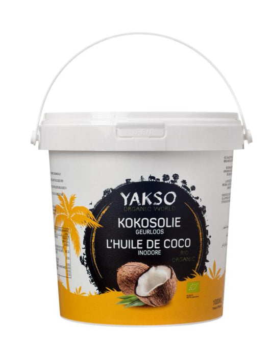 Yakso Kokosolie geurloos bio in 1 liter bottle, organic, odorless coconut oil for cooking and skincare, brand Yakso.