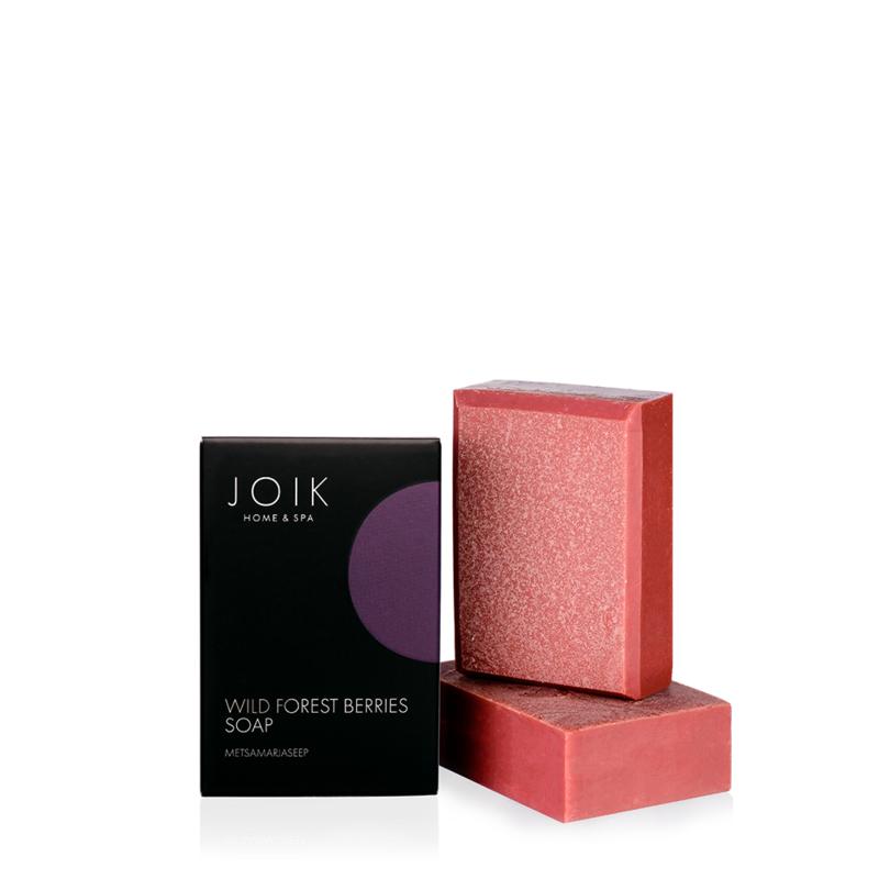 Joik Organics Wild Berry soap bar, 100g, with natural wild berry ingredients and herbal packaging, on white background.