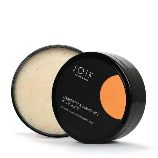 Joik Organics grapefruit and mandarin body scrub in 210g jar, natural skincare product for exfoliating and nourishing skin.