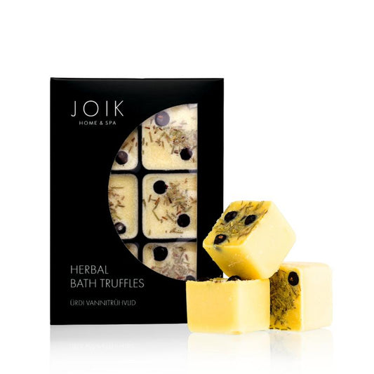 Joik Organics herbal bath and shower truffles in a 258g container with natural ingredients and herbal scent.