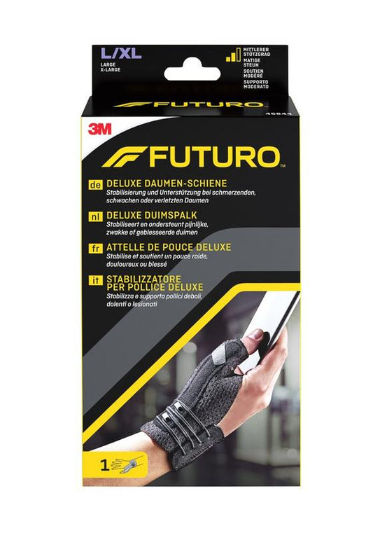 Futuro Deluxe black thumb spalk in size L/XL, shown in close-up with adjustable strap and supportive design for thumb injury.