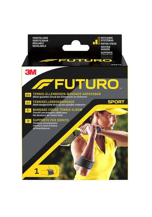 Futuro Sport adjustable tennis elbow bandage for support and compression, shown in a close-up view.