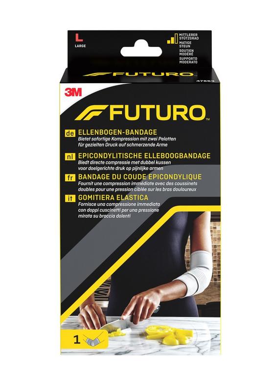 Futuro elbow support bandage size L, showing a close-up of the beige elastic brace for elbow injury support.
