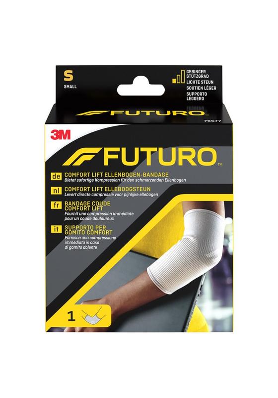 Futuro Comfort lift elbow support bandage in size S, showing a snug fit around the elbow for support and compression.