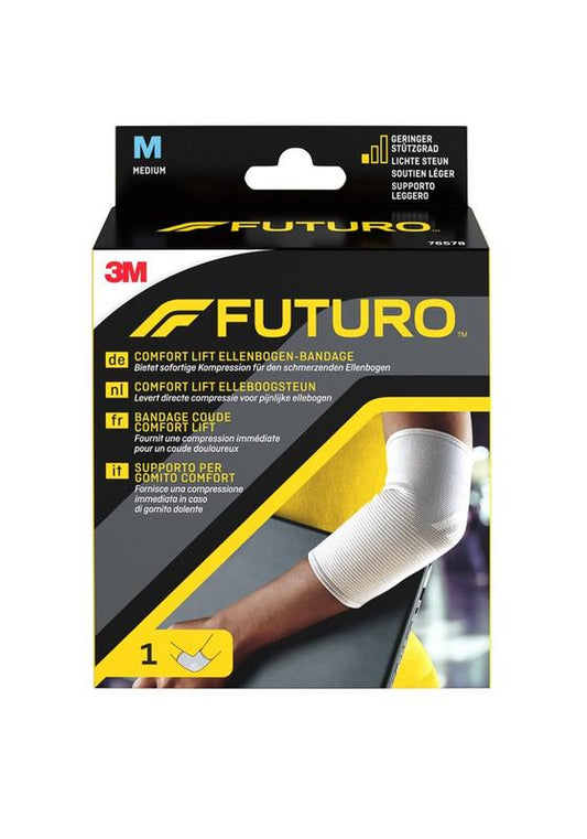 Futuro Comfort lift elbow support bandage in size M, shown in the image with adjustable strap and breathable fabric.