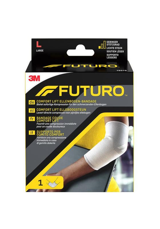 Futuro Comfort lift elbow support bandage in size L, shown wrapped around the arm for elbow injury relief.
