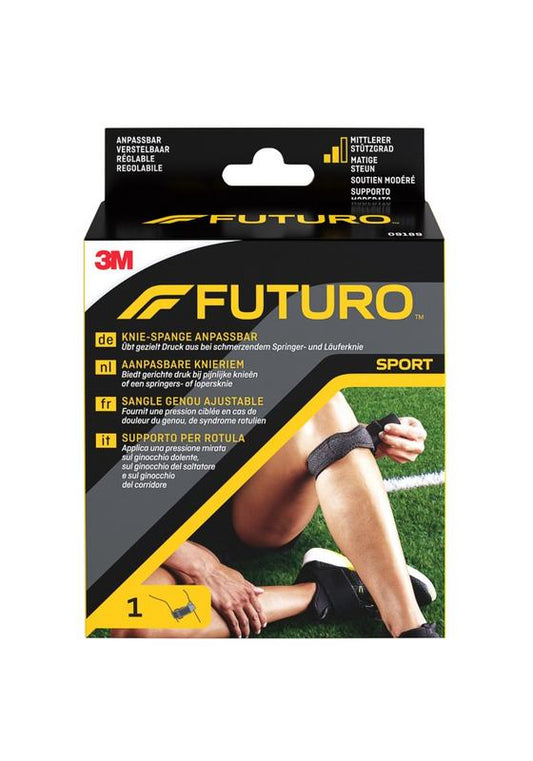 Futuro adjustable knee brace bandage in beige, with Velcro straps for support and compression, shown on a white background.
