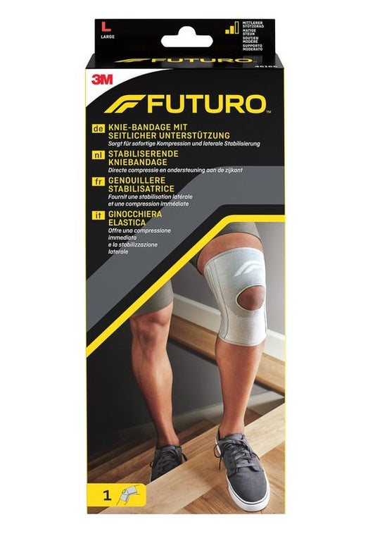 Futuro Kniebandage size L, elastic support bandage for knee stabilization, shown in natural position on white background.