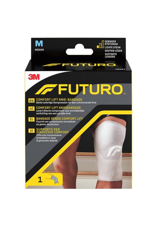 Futuro Comfort lift knee support bandage in size M, shown on a plain background, designed for knee stabilization and comfort.
