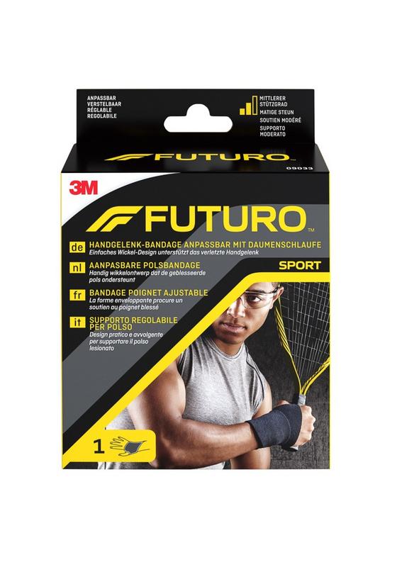 Futuro Sport adjustable wrist brace for support, shown in black with Velcro straps, designed for wrist stabilization.